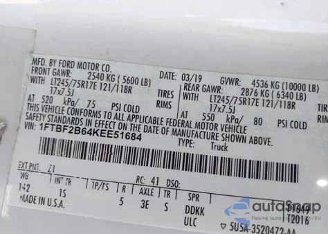 2019 Ford F-250 Xl z USA, uszkodzony, nr VIN 1FTBF2B64KEE51684